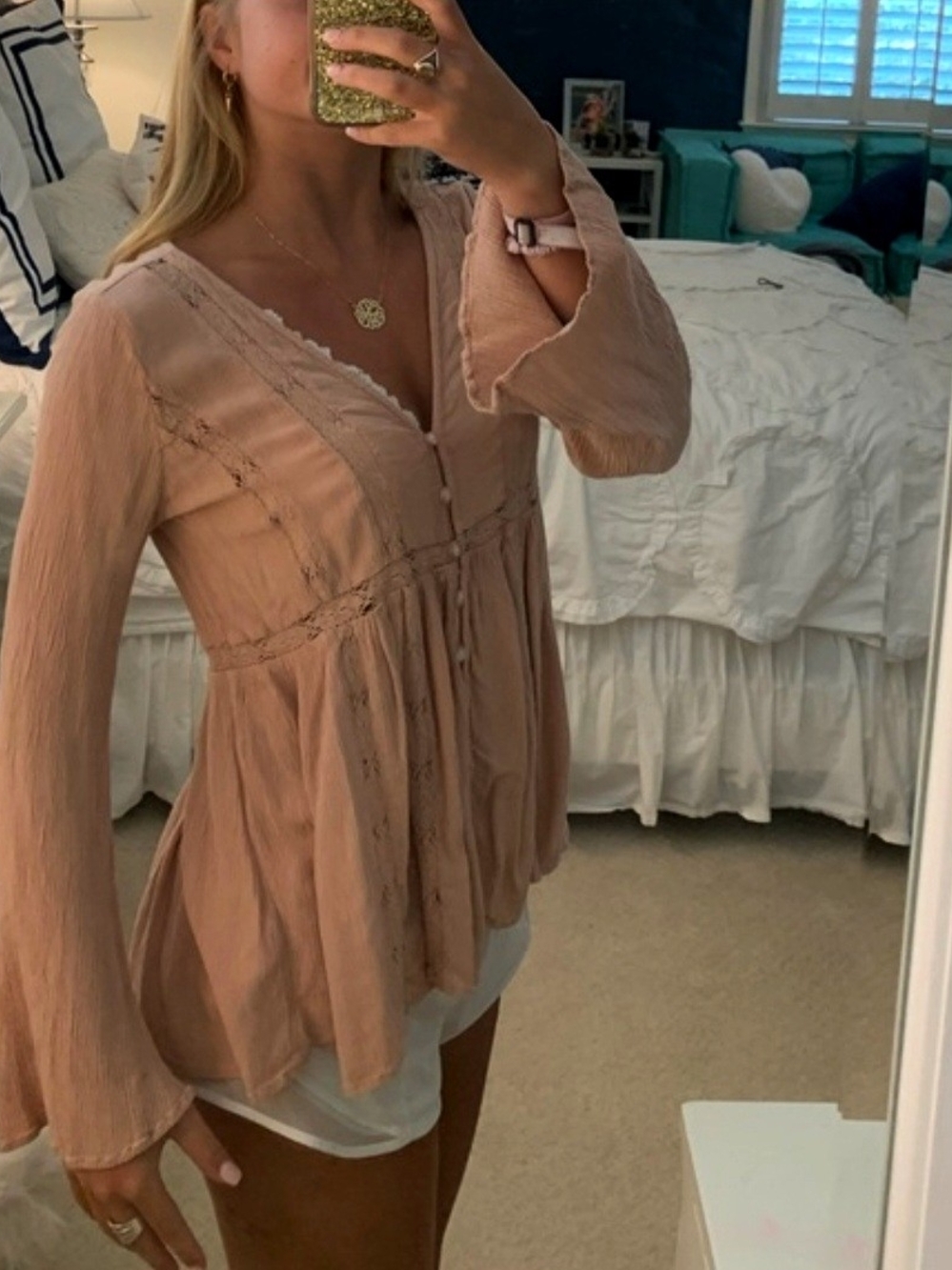 American Eagle Outfitters Long Sleeve Baby Doll Peasant Blouse Dusty Rose - Picture 4 of 7